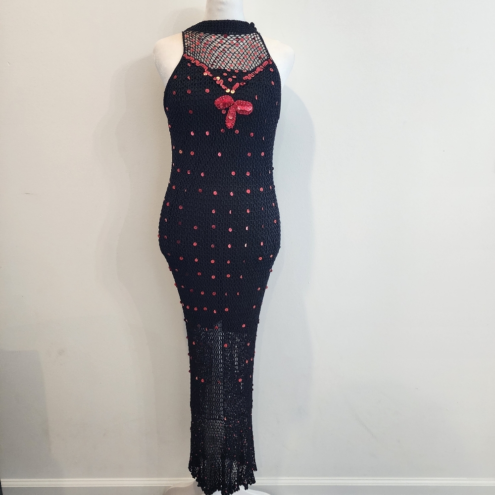 Y2K vintage Kroshetta by Papillon crochet Maxi Dress Sequence Fairy Mermaid Sz S